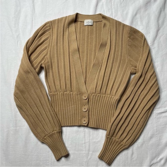 Aritzia Wilfred Brown Plunge Front Cardigan Size XS Button Merino Wool Cozy Warm - Picture 1 of 8